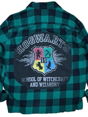Hogwarts Harry Potter Upcycled Flannel Top Tee Shirt Boyfriend Grunge